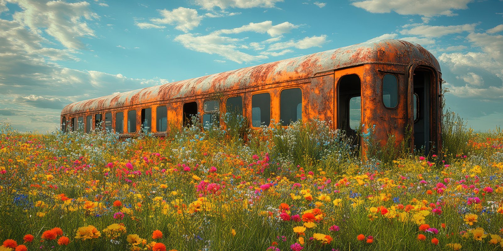 Rusted train car surrounded by colorful wildflowers in a serene landscape under blue skies